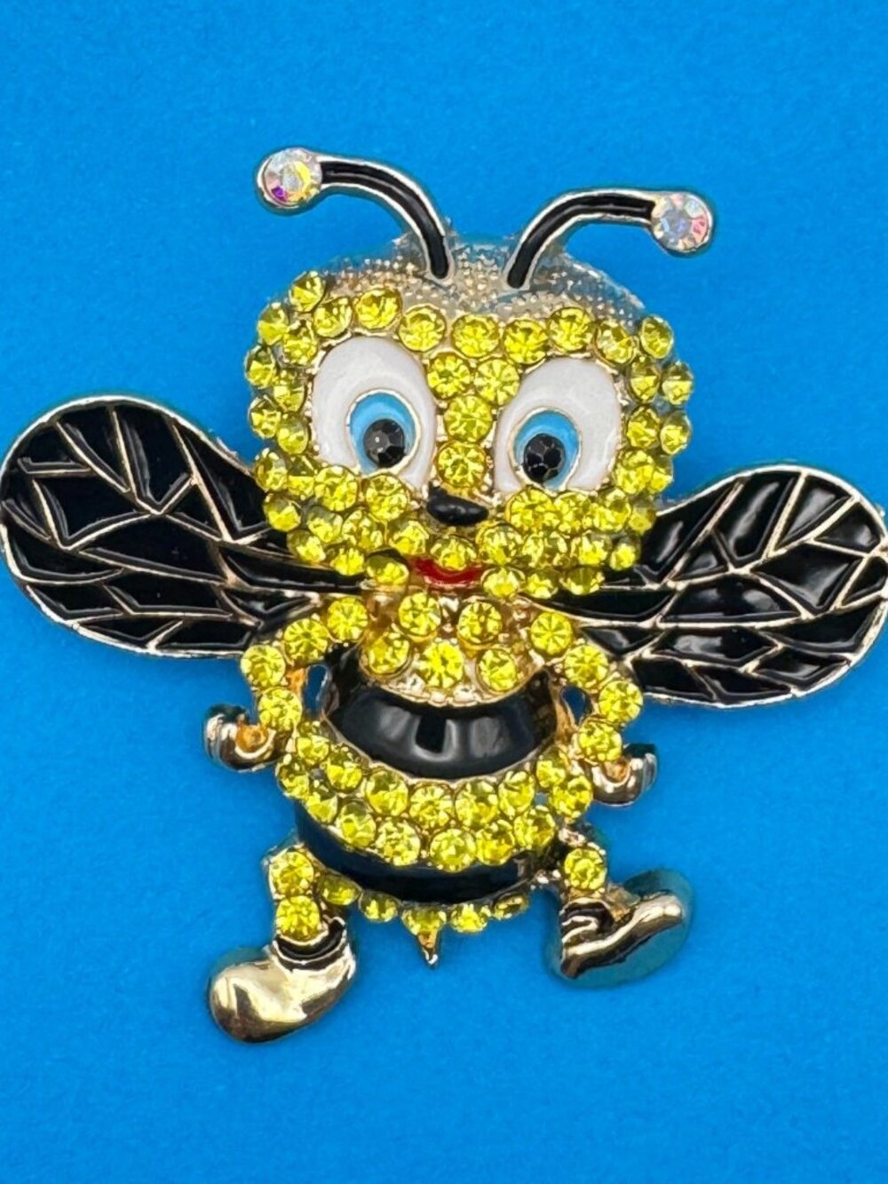 Rhinestone Bumble Bee Brooch Pin Gold Tone Insect Jewelry Yellow Crystal Black